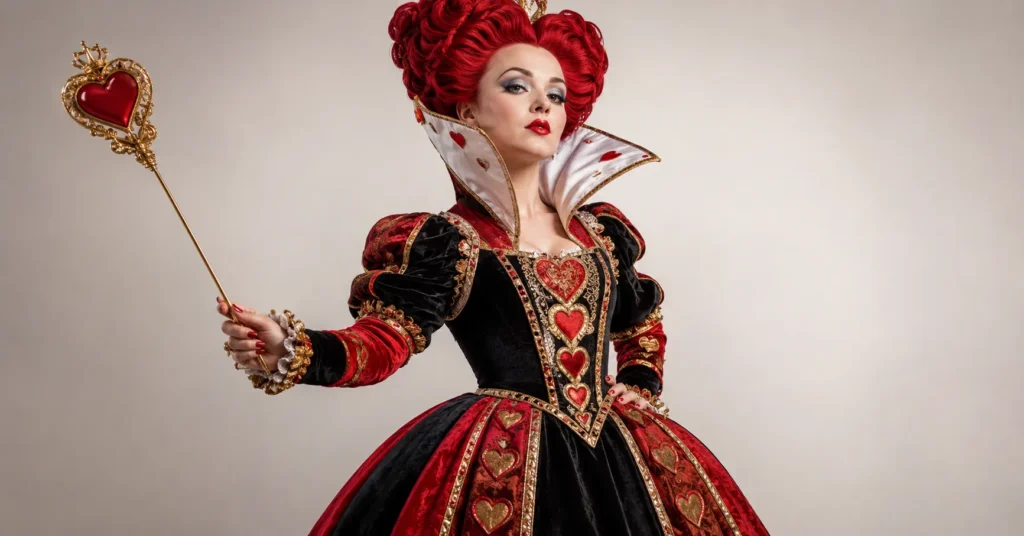 Queen of Hearts outfit featuring a regal red and black Wonderland-inspired costume design.