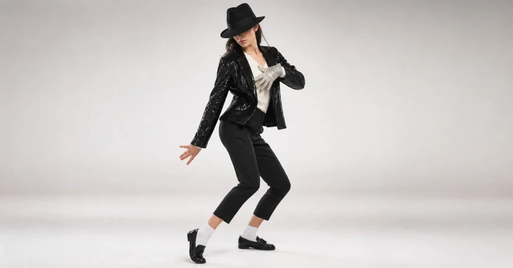 Female performer in sequined jacket and fedora recreating Billie Jean-inspired dance look in bright studio.