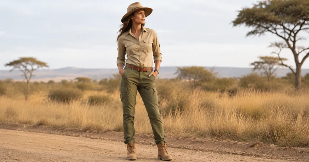 Female safari outfit with khaki shirt, olive trousers, and safari hat for stylish African travel fashion.