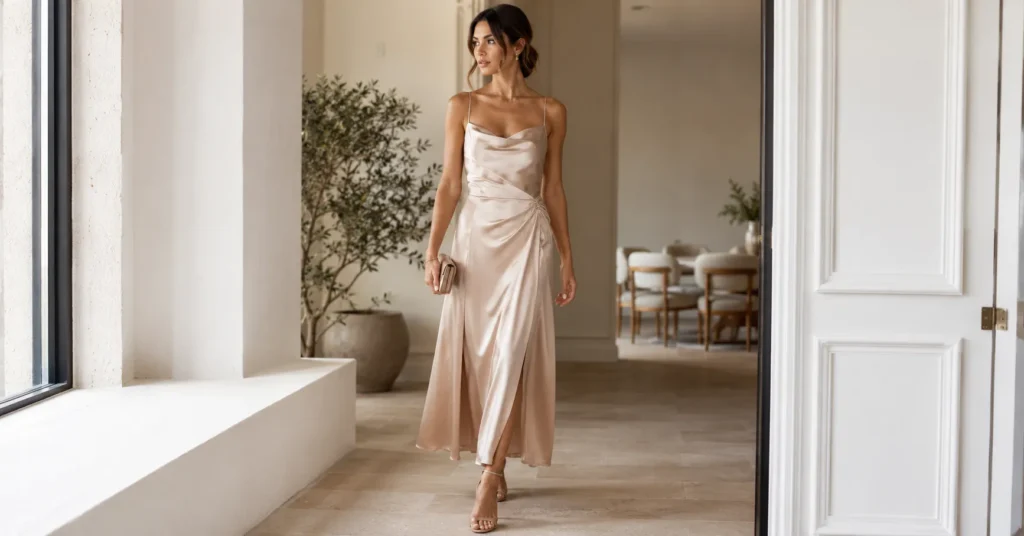 Elegant silk outfits for weddings featuring a champagne silk slip dress and strappy heels.