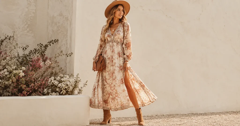 Boho chic style featuring a floral maxi dress, suede boots, and layered bohemian accessories.