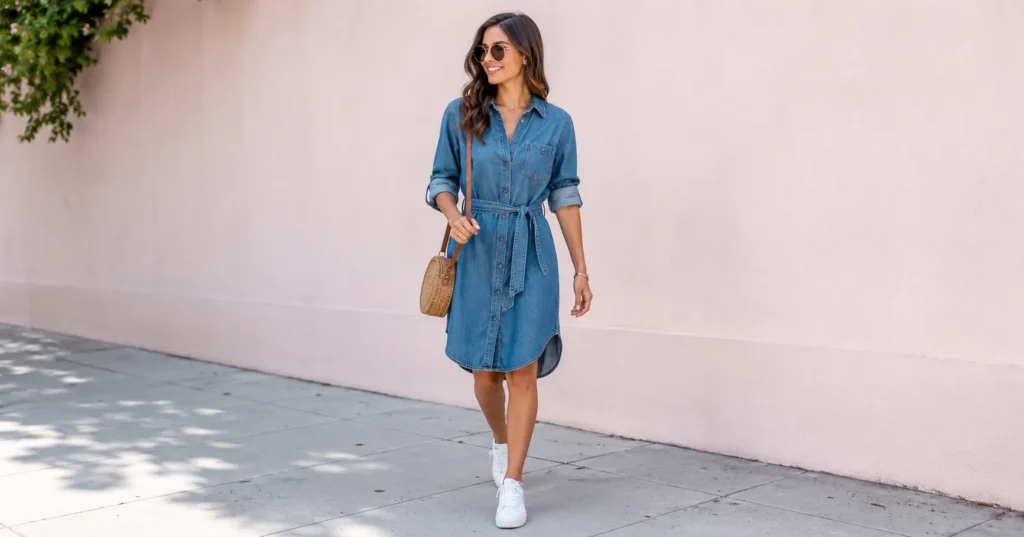 Denim dresses and outfit idea featuring a classic medium wash denim shirt dress with white sneakers.