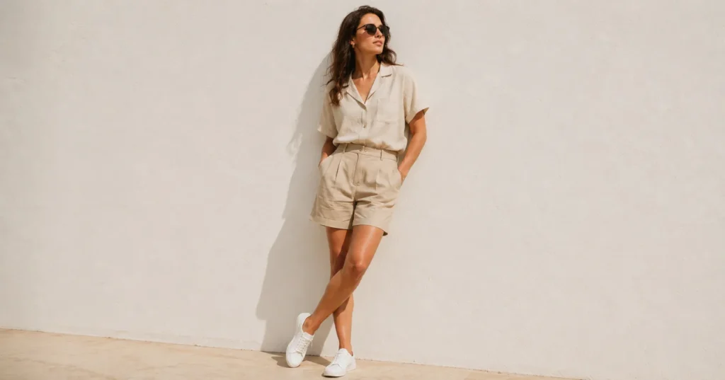 Masc summer fits inspired outfit featuring a linen camp collar shirt and tailored chino shorts for women.