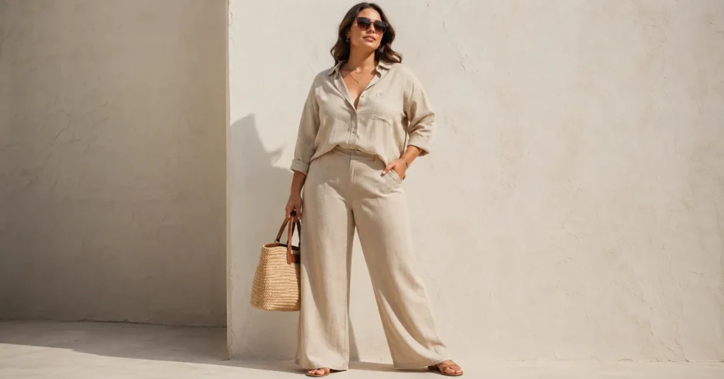 Mid size summer outfits featuring a matching linen set with wide-leg pants and button-down shirt.