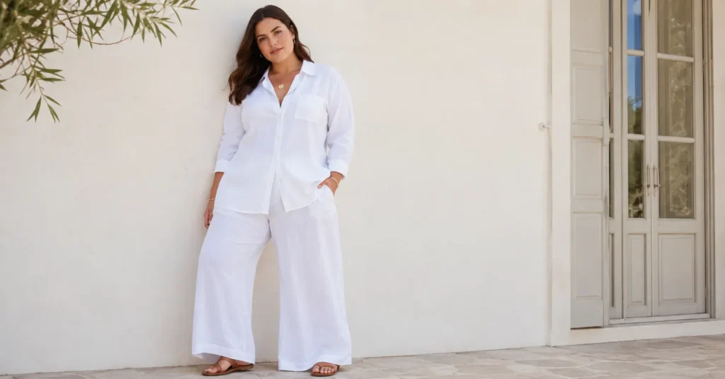 Plus size summer outfits featuring a white linen set with wide-leg pants and button-down shirt.