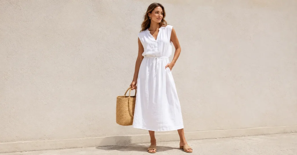 Summer outfit inspiration featuring a stylish woman in a white linen midi dress for effortless warm-weather fashion.