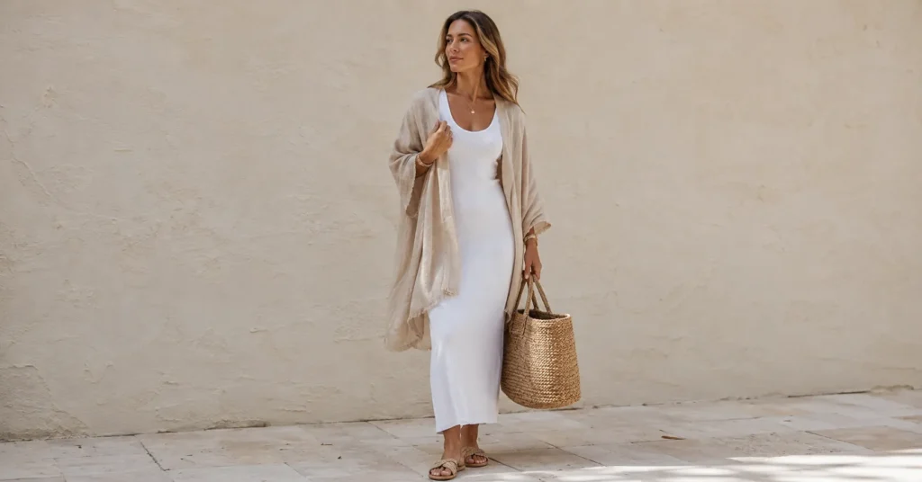Summer poncho outfit inspiration featuring a lightweight linen poncho styled for elegant warm-weather fashion.