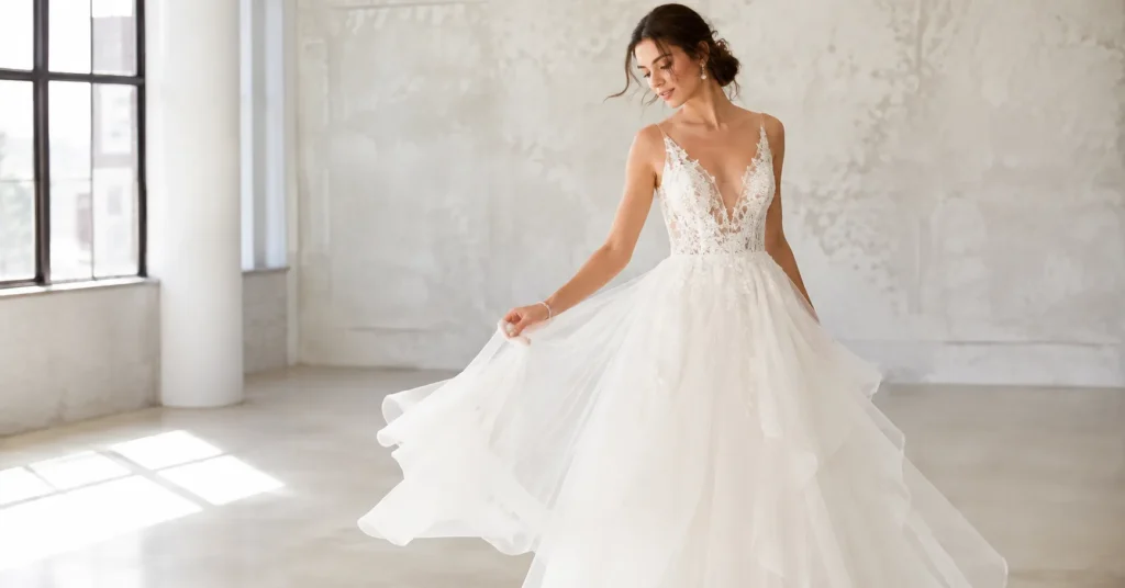 Elegant bridal tulle dress with flowing layers and lace details in bright daylight studio setting.