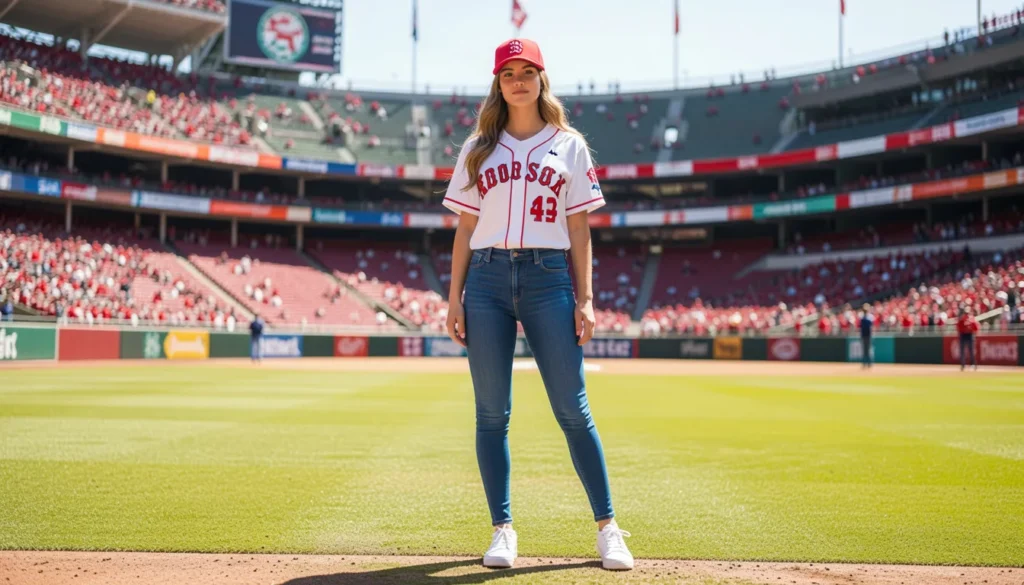 Female Red Sox outfit with fitted jersey and baseball cap styled for game day fashion.