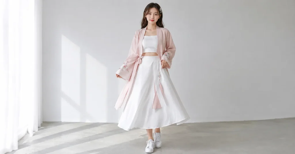Modern hanbok inspired Arirang concert outfit with pastel wrap jacket and midi skirt