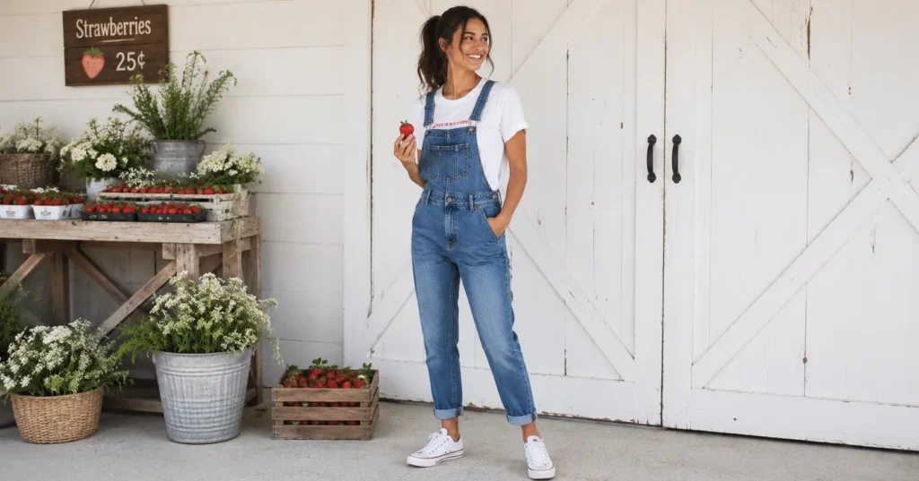 Strawberry picking outfit featuring denim overalls and a cotton t-shirt for a comfortable farm day look.