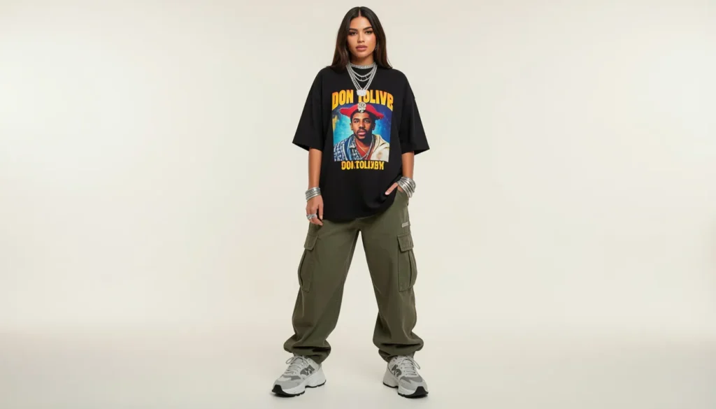 Female Don Toliver concert outfit with oversized graphic tee and baggy cargo pants streetwear style.