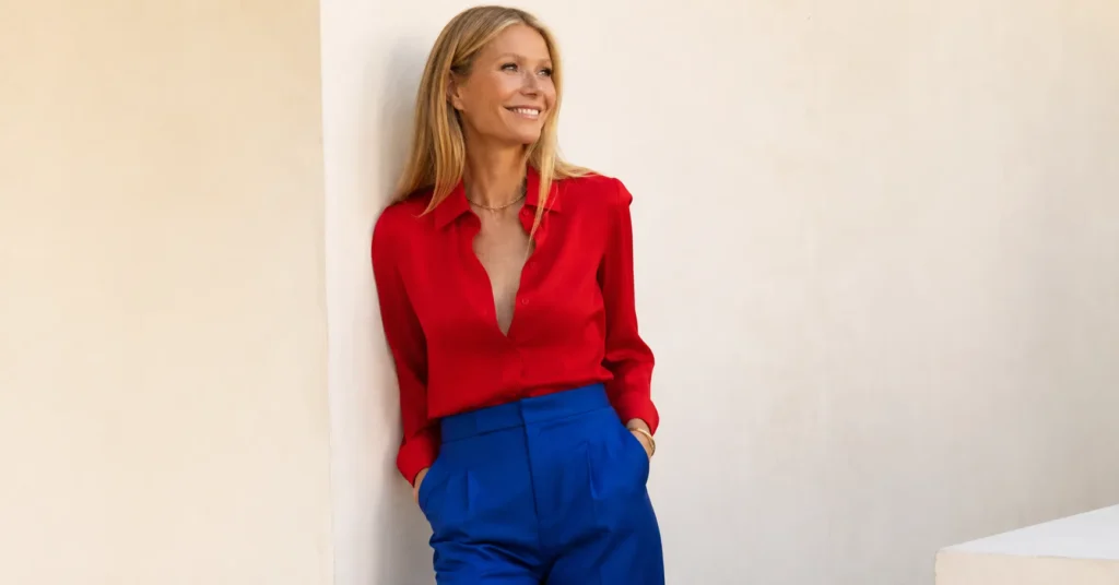 Why the Gwyneth Paltrow Red Blue Outfit Remains a Fashion Icon 2 Gwyneth Paltrow red blue outfit inspiration with tailored red blouse and cobalt blue trousers.