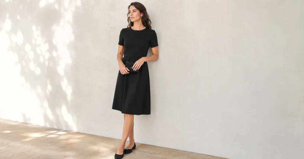 How to Choose the Appropriate Summer Funeral Outfit 2 Summer funeral outfit featuring a modest black cotton dress styled for warm-weather memorial services.