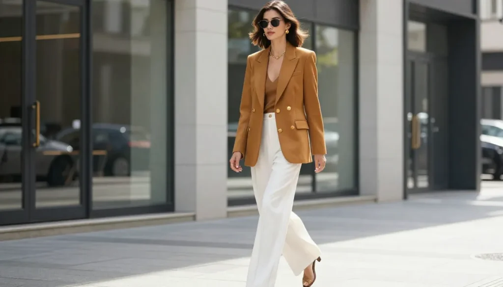 Master the Yellow Outfit: How to Style the Brightest Color 2 Woman wearing a stylish yellow outfit with mustard blazer and white trousers for a modern fashion blog look