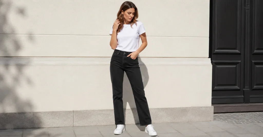 The Complete Guide to Black Jeans Outfit Ideas for Any Occasion 2 Black jeans outfit ideas featuring casual street style with white t-shirt and sneakers.