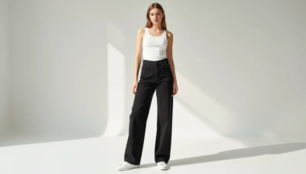Black wide leg jeans outfit ideas featuring casual street style with fitted tank top and sneakers.