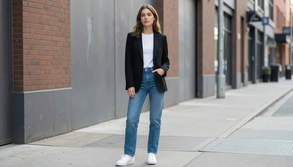 Black blazer outfit ideas featuring casual denim and white t-shirt street style fashion.