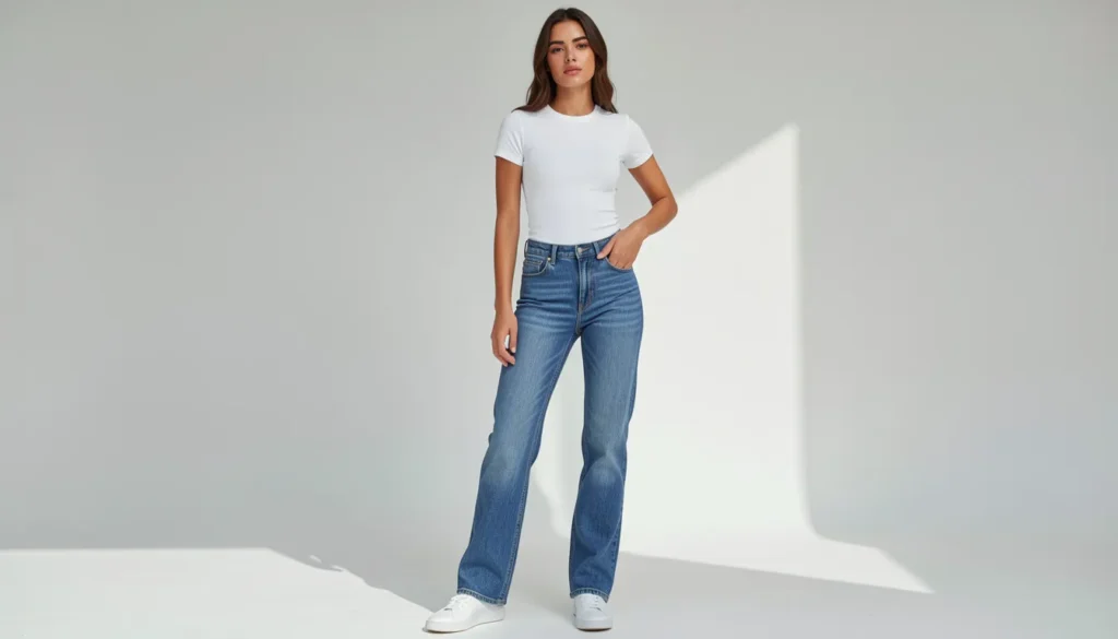 Bootcut jeans outfit ideas featuring casual street style with white t-shirt and sneakers.