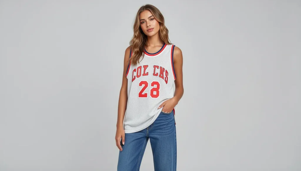 Jersey outfit ideas women can wear featuring oversized basketball jersey and casual street style.