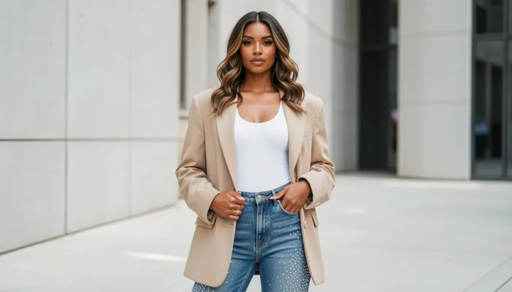 Chic Rhinestone Jeans Outfit Ideas for Every Occasion 2 Chic rhinestone jeans outfit ideas with a stylish woman wearing embellished denim and a blazer for a fashion blog look.