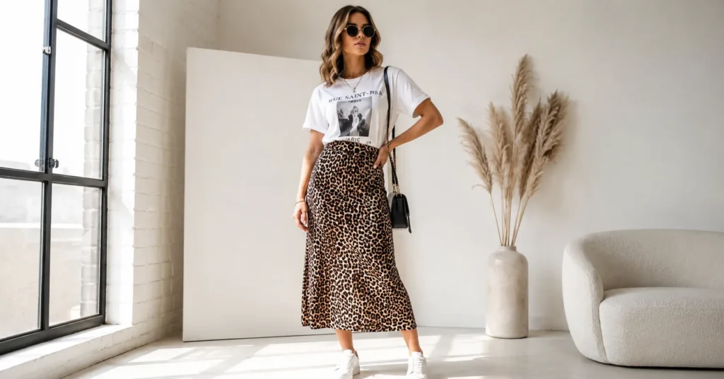 Fierce & Fabulous: The Best Animal Print Outfit Ideas for Every Season 2 Animal print outfit ideas featuring a stylish leopard print midi skirt casual fashion look