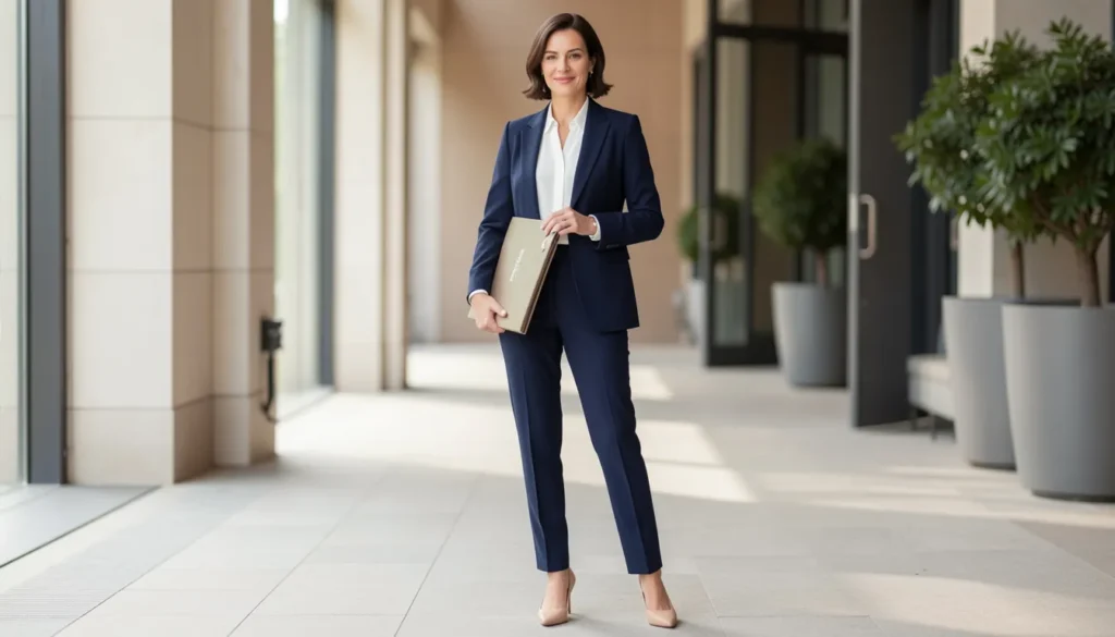 Career day outfit ideas featuring a professional navy pantsuit for women