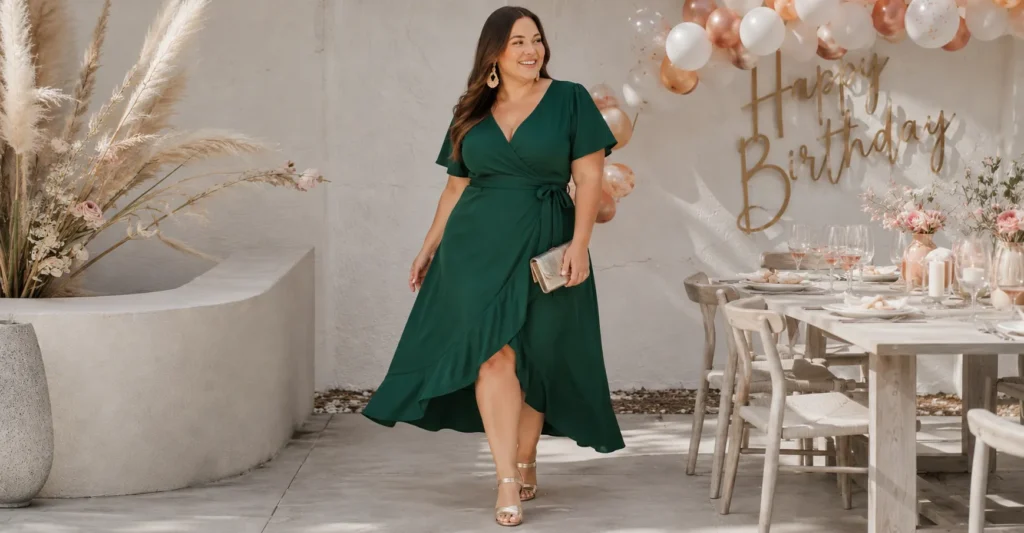 Stunning Curvy Plus Size Birthday Outfit Ideas for Your Day 2 Curvy plus size birthday outfit ideas featuring a glamorous emerald wrap dress