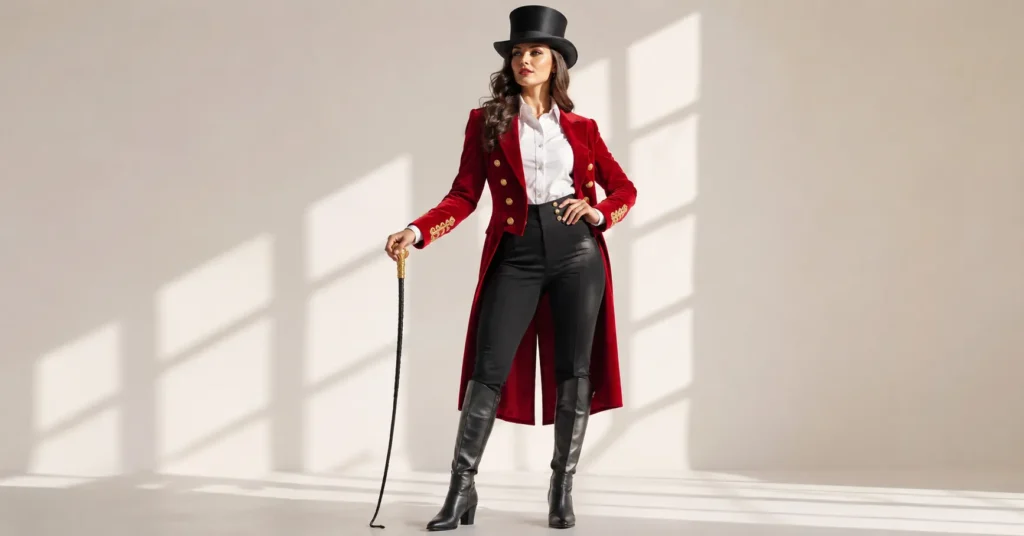 Woman wearing a red velvet ringmaster costume for circus outfit ideas inspiration with gold details and black riding boots.