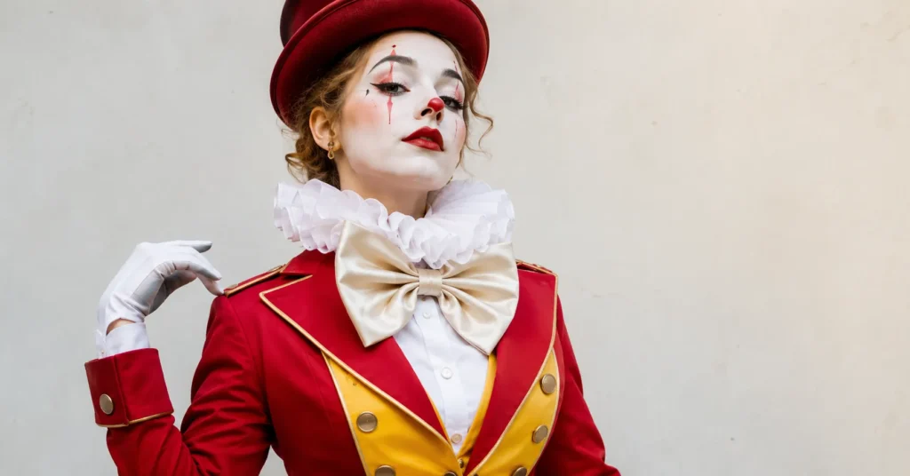 Classic whiteface clown costume with ruffled collar and colorful tailored suit for clown outfit ideas inspiration.