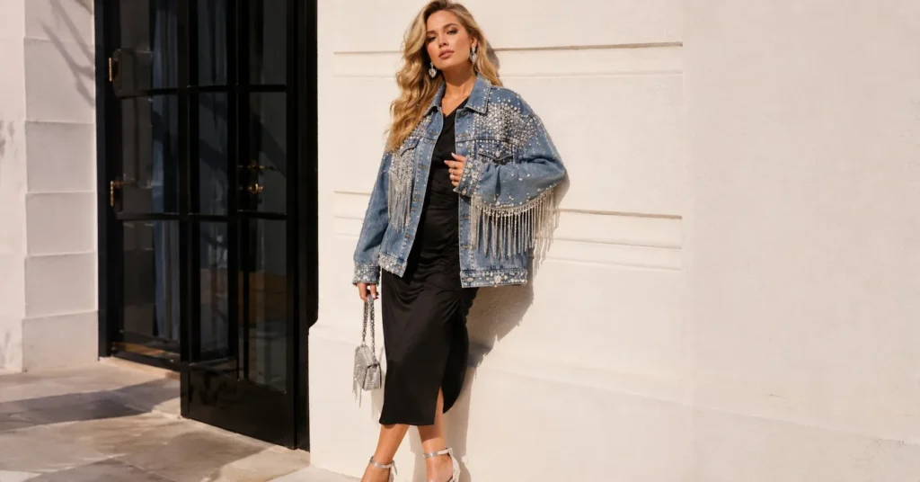 Embellished denim jacket with crystal details for stylish denim and diamonds outfit ideas inspiration.