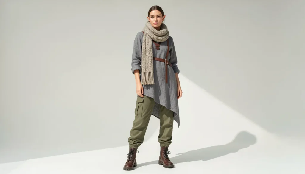 Urban ranger-inspired elf fantasy modern tribe outfit ideas with utility layers and combat boots.