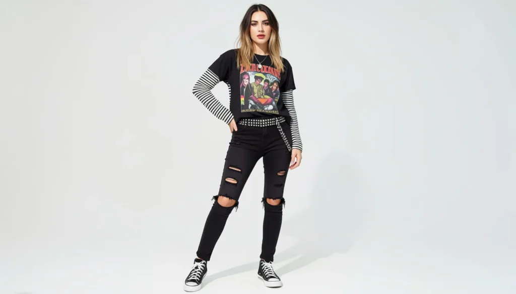 Classic 2000s pop-punk fashion with skinny jeans and layered band tee for emo outfit ideas inspiration.