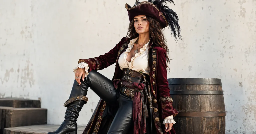 Fearsome captain inspired female pirate outfit ideas with velvet coat and leather boots.