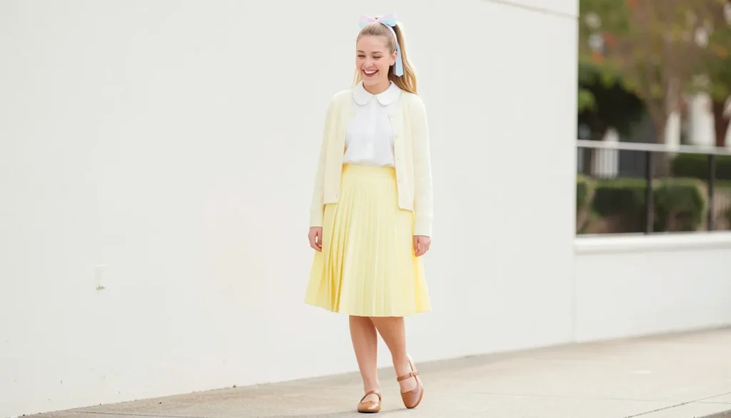 Classic good girl grease outfit ideas with pastel skirt and vintage cardigan.