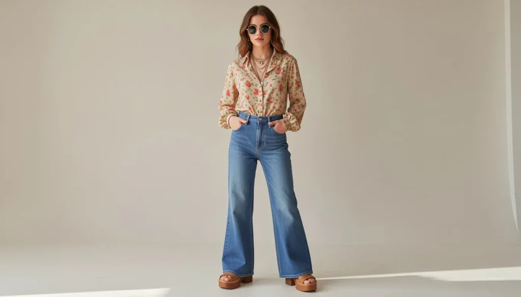 Classic hippie outfit ideas with bell-bottom jeans and floral peasant blouse.