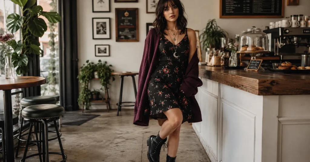 The Guide to Witch Outfit Ideas: Enchanting Styles for Every Occasion 2 Modern witch outfit ideas featuring a whimsigoth fashion look with floral dress and combat boots.