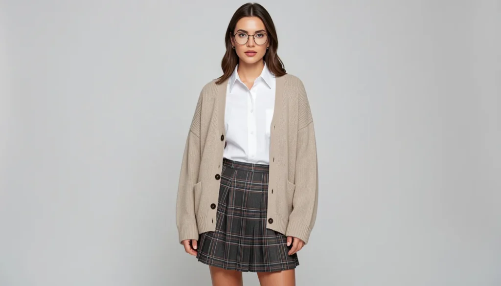 The Complete Guide to Nerd Outfit Ideas: Master Geek Chic 2 Female nerd outfit ideas featuring modern geek chic fashion with cardigan and plaid skirt.
