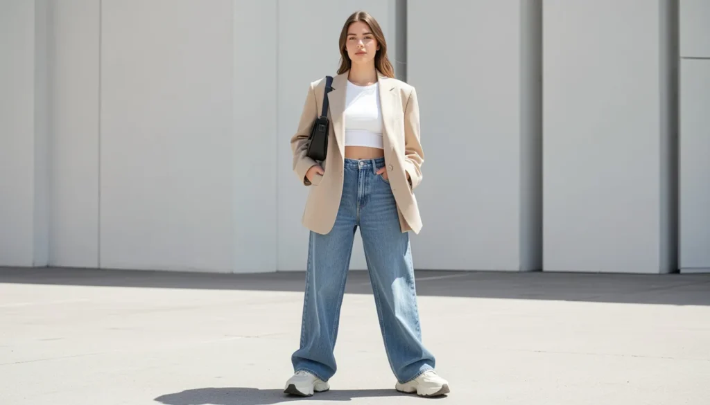 Baggy outfit ideas featuring oversized blazer and wide-leg jeans for modern street style fashion