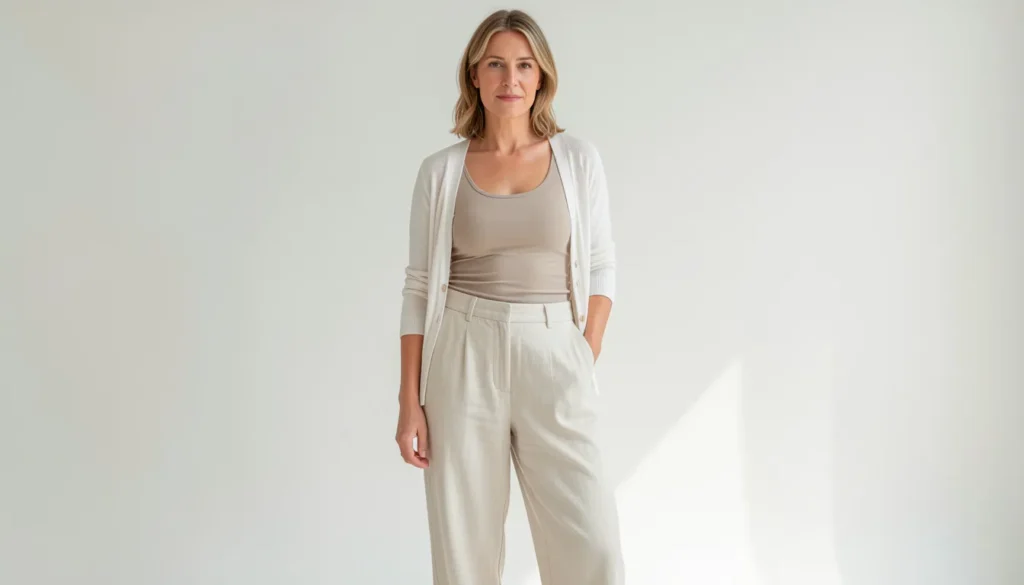 Mid size summer outfits with relaxed cotton trousers and fitted tank top.