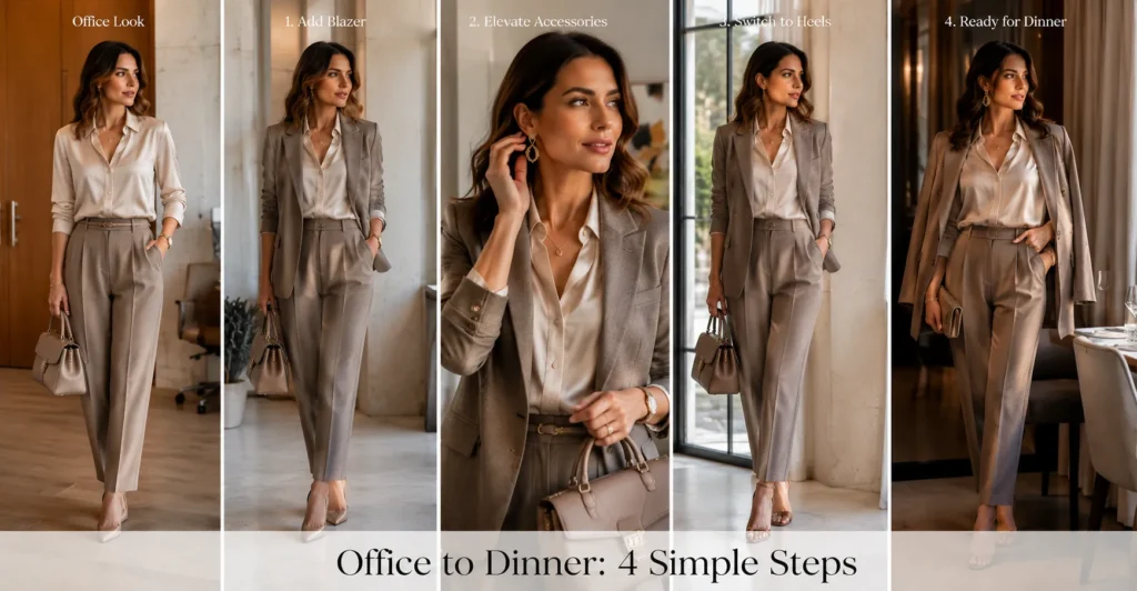 Dinner outfit ideas with office-to-evening fashion and elegant styling