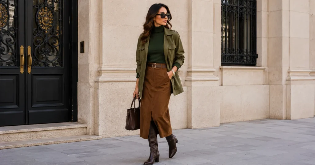 The Complete Guide to Green Outfit Ideas: Style Tips for Every Shade 10 Green outfit ideas with forest green sweater and autumn layered fashion