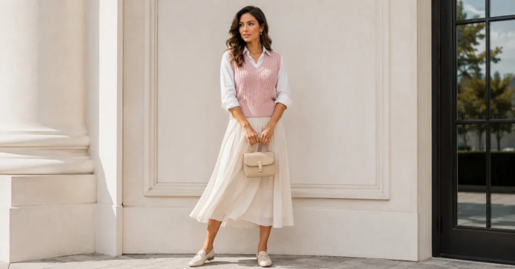Feminine all vest outfits for women with a pastel sweater vest and midi skirt
