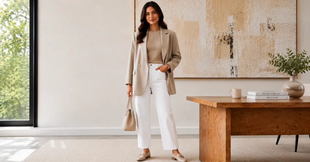 The Complete Guide to Perfect Casual Friday Outfits for the Office 3 Minimalist casual Friday outfit with white jeans and loafers