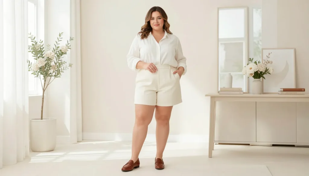 Plus size summer outfits featuring tailored shorts and lightweight blouse styling.