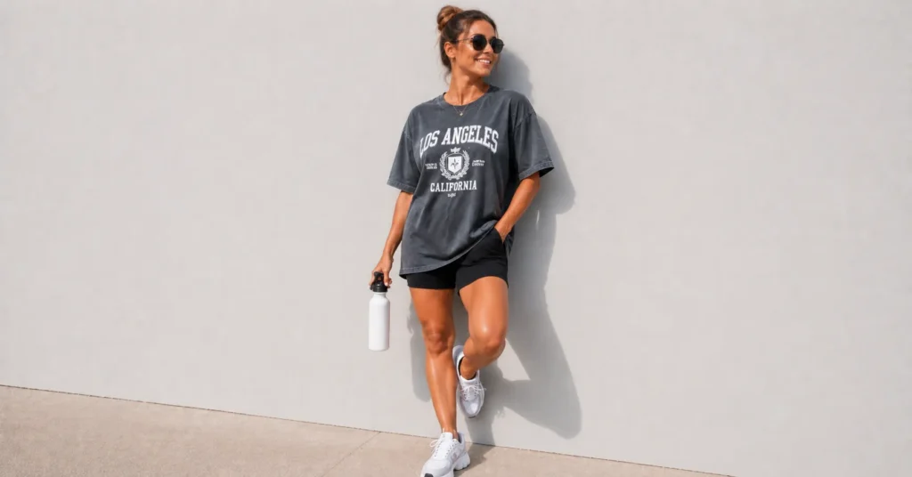 Sporty mom outfits summer combination with oversized graphic tee and black biker shorts for everyday comfort.