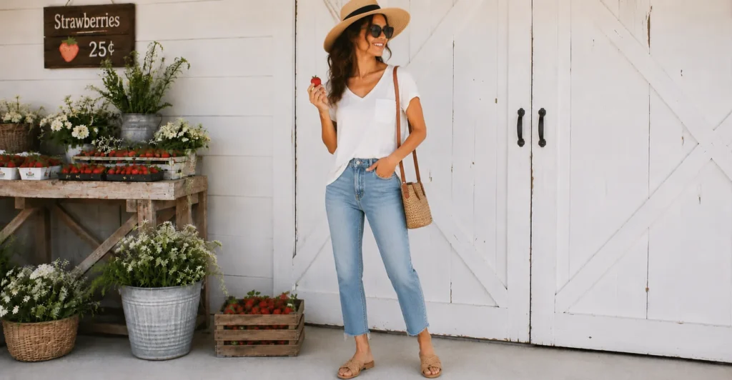 Strawberry picking outfit accessorized with straw hat and woven bag for stylish farm fashion.