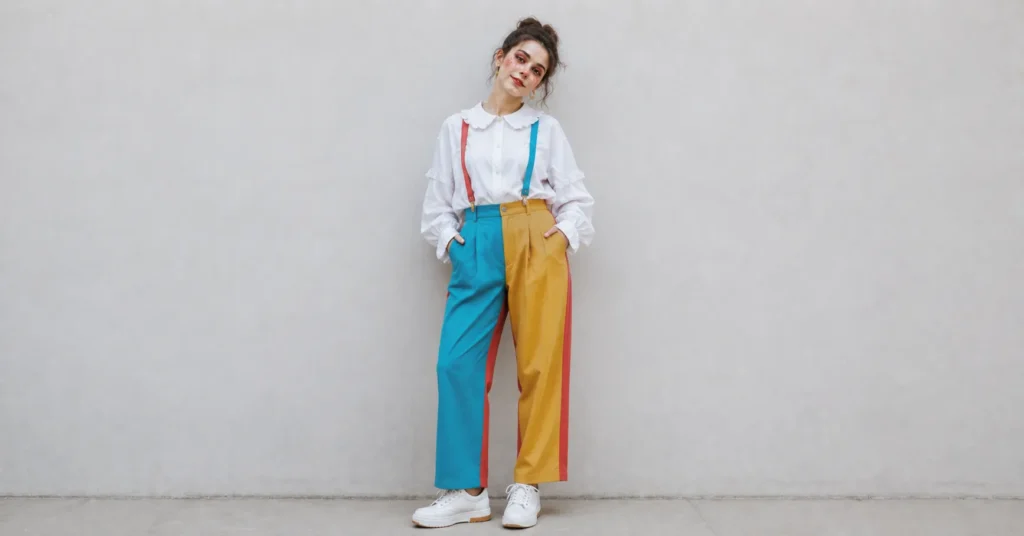 Modern minimalist clowncore fashion outfit with playful styling for clown outfit ideas inspiration.