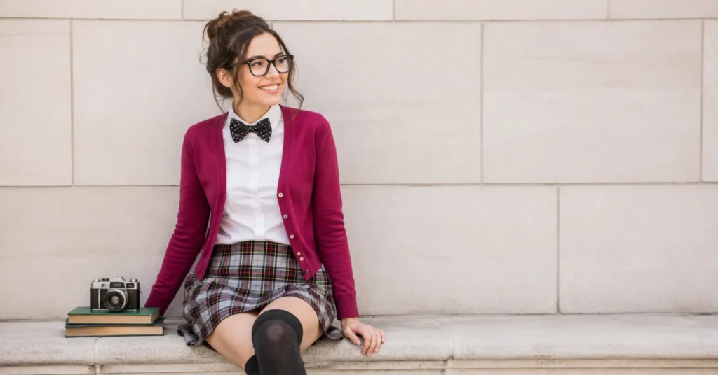 The Complete Guide to Nerd Outfit Ideas: Master Geek Chic 3 Female nerd outfit ideas with quirky vintage geek chic fashion and plaid styling.