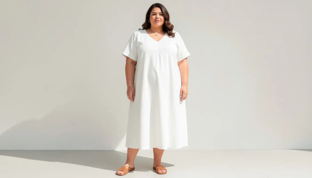Plus size summer outfits with a relaxed cotton midi dress and sandals.